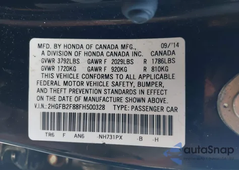 2015 Honda Civic Ex from USA, damaged, VIN 2HGFB2F88FH500328